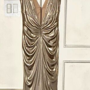 Tadashi Shoji Gold Plunge Neck Sleeveless Gown